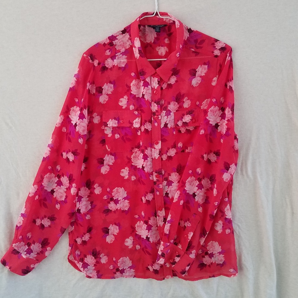 American Eagle Sheer Pink Floral Button Down Shirt